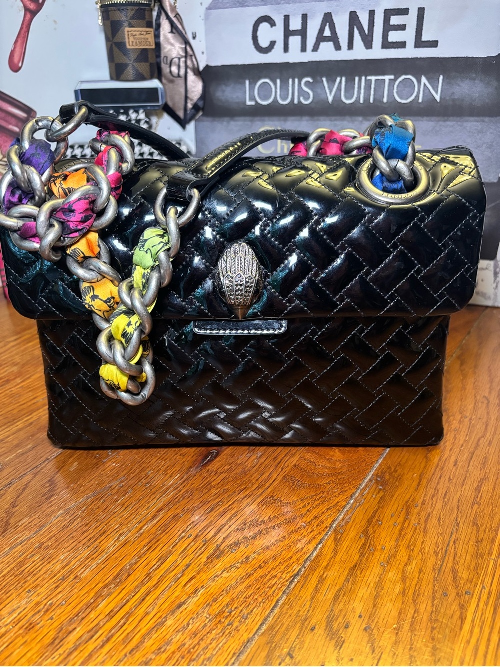 Kurt Geiger London Black Patent Kensington Eagle Chain Shoulder Bag